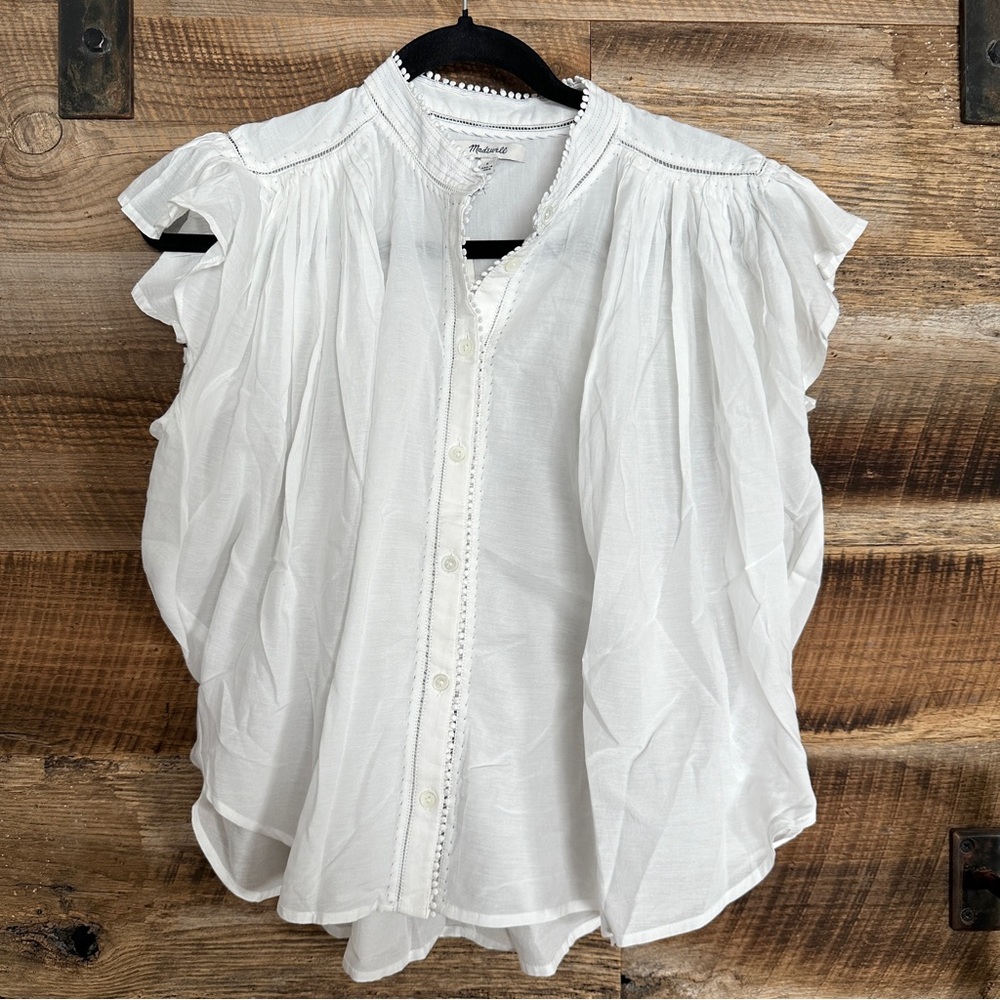NWT Madewell Shirred Lace Trim Top White Button-Down Blouse